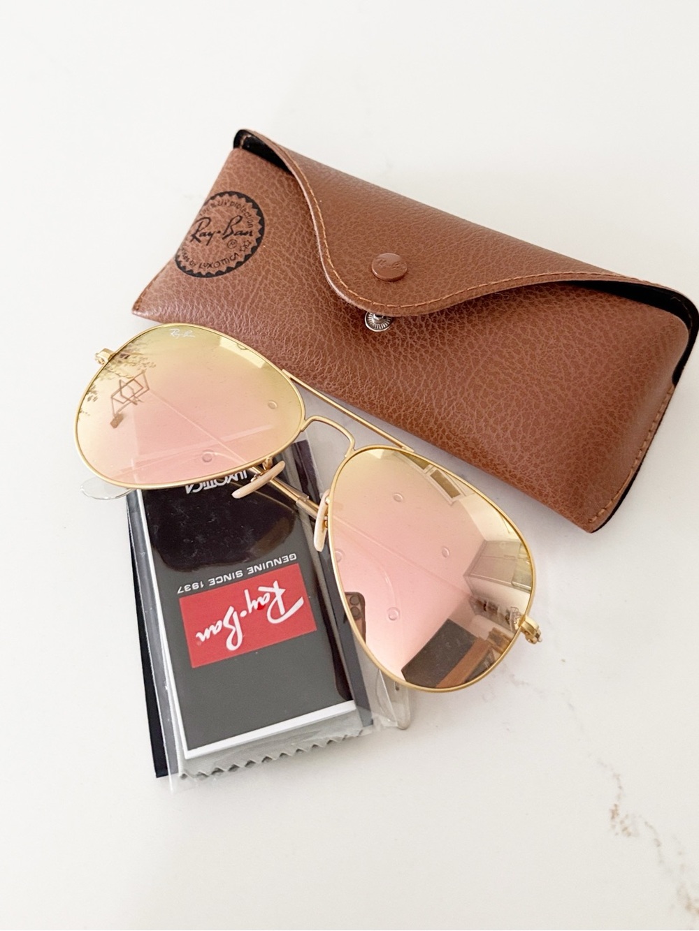 Ray-Ban Women's Gold Frame Aviator Sunglasses with Pink-Gold Lenses